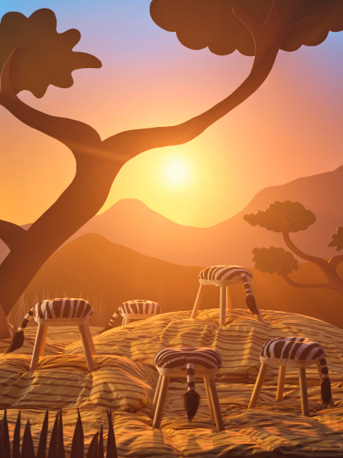 Five stools with SANDLÖPARE stool covers with a zebra pattern stand on a sunlit savannah made from cardboards and bed linen.
