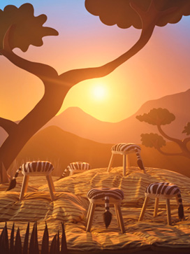 Five stools with SANDLÖPARE stool covers with a zebra pattern stand on a sunlit savannah made from cardboards and bed linen.