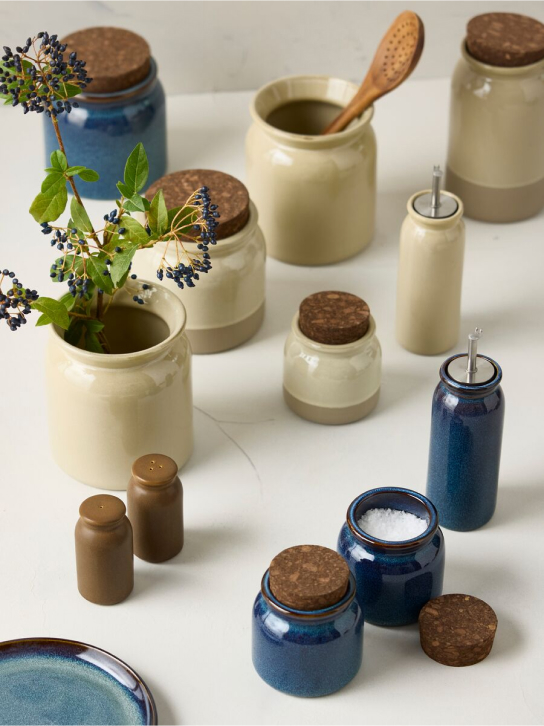 BRUGDHAJ blue and beige glazed stoneware storage jars.