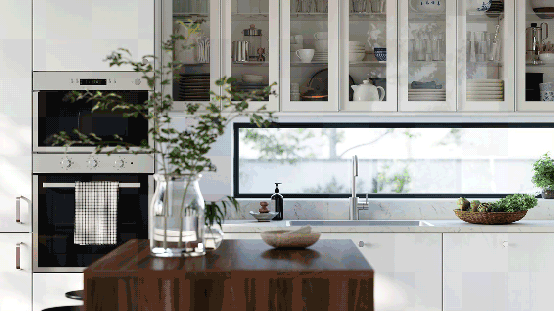 GIF přepínající mezi různými místnostmi zařízenými řešeními IKEA